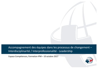 Accompagnement	des	équipes	dans	les	processus	de	changement	–
Interdisciplinarité	/	Interprofessionalité - Leadership
• Espace	Compétences,	Formation	IPM	– 10	octobre	2017
 