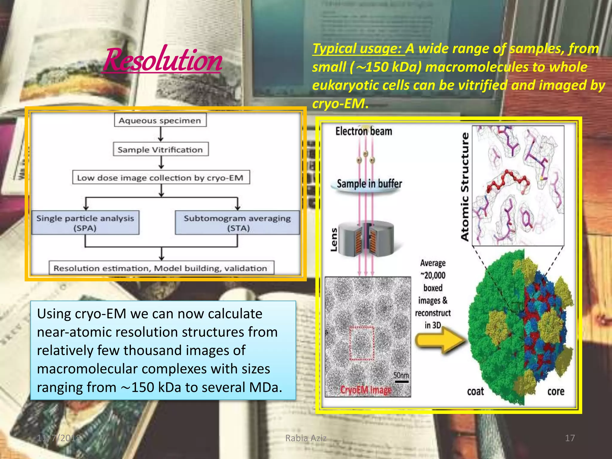 Resolution
11/7/2018 Rabia Aziz 17
Using cryo‐EM we can now calculate
near‐atomic resolution structures from
relatively few thousand images of
macromolecular complexes with sizes
ranging from ∼150 kDa to several MDa.
Typical usage: A wide range of samples, from
small (∼150 kDa) macromolecules to whole
eukaryotic cells can be vitrified and imaged by
cryo-EM.
 