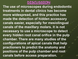 All canals were easily negotiated, and the working length was determined by using electronic apex locator Root ZXThe root canals were cleaned and shaped using K-type files and Gates Glidden drills #2, #3, and #4 with passive step-back technique.Apical preparations in the buccal canals were enlarged to a master file size of 30, and in the palatal canal to size of 45. 