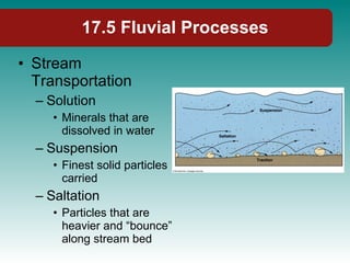 17.5 Fluvial Processes Stream Transportation Solution Minerals that are dissolved in water Suspension Finest solid particles carried Saltation Particles that are heavier and “bounce” along stream bed 