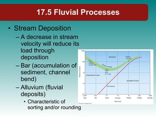 17.5 Fluvial Processes Stream Deposition A decrease in stream velocity will reduce its load through deposition Bar (accumulation of sediment, channel bend) Alluvium (fluvial deposits) Characteristic of sorting and/or rounding 