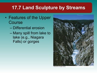 17.7 Land Sculpture by Streams Features of the Upper Course Differential erosion Many spill from lake to lake (e.g., Niagara Falls) or gorges 