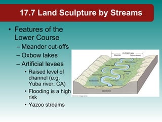 17.7 Land Sculpture by Streams Features of the Lower Course Meander cut-offs Oxbow lakes Artificial levees Raised level of channel (e.g. Yuba river, CA) Flooding is a high risk Yazoo streams 