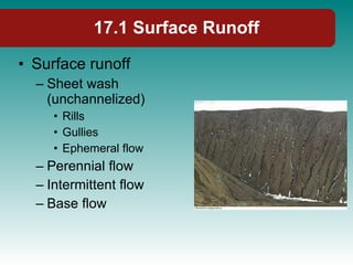 17.1 Surface Runoff Surface runoff Sheet wash (unchannelized) Rills Gullies Ephemeral flow Perennial flow Intermittent flow Base flow 