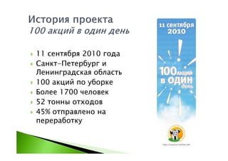 11 сентября 2010 года
Санкт-Петербург и
Ленинградская область
100 акций по уборке
Более 1700 человек
52 тонны отходов
45% отправлено на
переработку
 