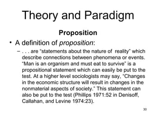 Theory and Paradigm Proposition A definition of  proposition : . . . are “statements about the nature of  reality” which describe connections between phenomena or events. “Man is an organism and must eat to survive” is a propositional statement which can easily be put to the test. At a higher level sociologists may say, “Changes in the economic structure will result in changes in the nonmaterial aspects of society.” This statement can also be put to the test (Phillips 1971:52 in Denisoff, Callahan, and Levine 1974:23). 