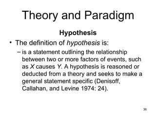 Theory and Paradigm Hypothesis The definition of  hypothesis  is: is a statement outlining the relationship between two or more factors of events, such as  X  causes  Y . A hypothesis is reasoned or deducted from a theory and seeks to make a general statement specific (Denisoff, Callahan, and Levine 1974: 24).  