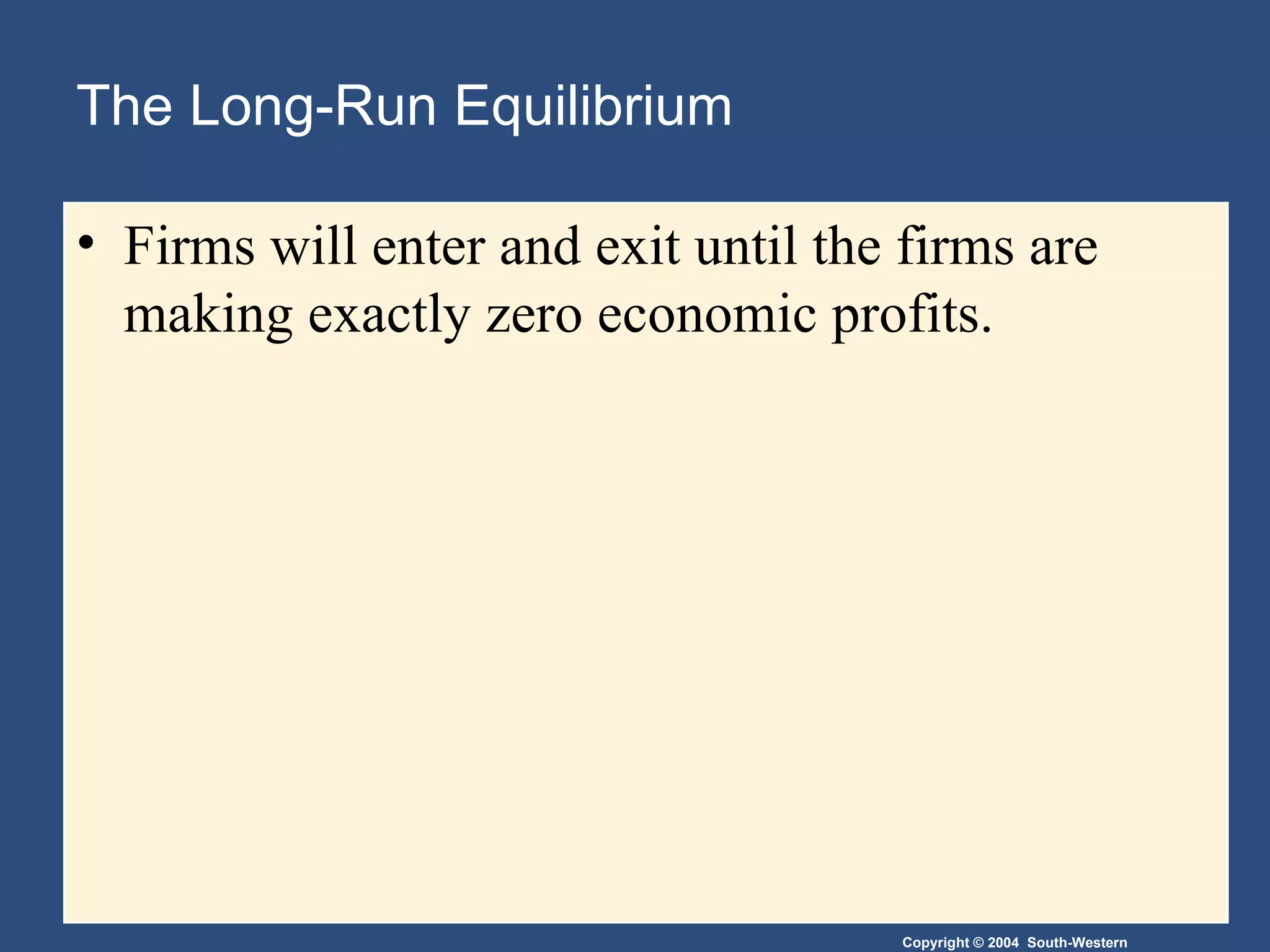 The Long-Run Equilibrium Firms will enter and exit until the firms are making exactly zero economic profits. 