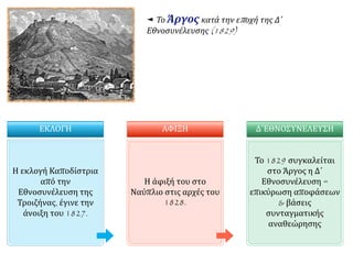 ◄ Το Άργος κατά την επ οχή της Δ΄ 
Εθνοσυνέλευσης(1829) 
ΕΚΛΟΓΗ 
Η εκλογή Καποδίστρια 
από την 
Εθνοσυνέλευση της 
Τροιζήνας, έγινε την 
άνοιξη του 1827. 
ΑΦΙΞΗ 
Η άφιξή του στο 
Ναύπλιο στις αρχές του 
1828. 
Δ΄ΕΘΝΟΣΥΝΕΛΕΥΣΗ 
Το 1829 συγκαλείται 
στο Άργος η Δ΄ 
Εθνοσυνέλευση = 
επικύρωση αποφάσεων 
& βάσεις 
συνταγματικής 
αναθεώρησης 
 