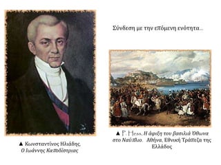 Θεματικές προεκτάσεις 
Ποια υπήρξε η συμβολή 
του Ι. Καποδίστρια στην 
ευρωπαϊκή ιστορία; 
◄ Ιωάννης Κόσσος. 
Προτομή Καπ οδίστρια 
Βουλή των Ελλήνων 
 