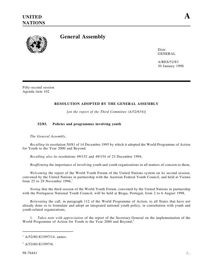 1997 General Assembly resolution on Policies and Programmes Involvi…