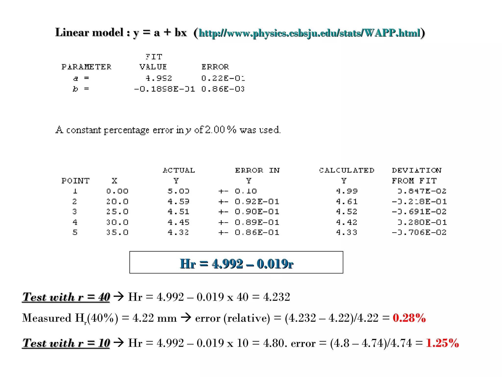 Linear model : y = a + bx  ( http://www.physics.csbsju.edu/stats/WAPP.html ) Hr = 4.992 – 0.019r Test with r = 40     Hr = 4.992 – 0.019 x 40 = 4.232 Measured H r (40%) = 4.22 mm    error (relative) = (4.232 – 4.22)/4.22 =  0.28% Test with r = 10     Hr = 4.992 – 0.019 x 10 = 4.80. error = (4.8 – 4.74)/4.74 =  1.25% 
