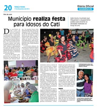 20

Diário Oficial
GUARUJÁ

terça-feira

17 de dezembro de 2013

fim de ano

Município realiza festa
para idosos do Cati

D

Alexa Flambory

nas. As atrações foram todas
desenvolvidas pelos idosos que
integram o Cati. A festa de fim
de ano faz parte do calendário
anual de atividades e ações
desenvolvidas pela Unidade e
contou com o apoio dos Conselhos do Idoso e da Pessoa
com Deficiência, além da participação das Paróquias Santa
Rosa de Lima e Nossa Senhora
das Graças.
A secretária-adjunta da
secretaria de Desenvolvimento
e Assistência Social explica
que a festa tem um significado
importante para as pessoas que
frequentam o equipamento social. “Abrimos a programação
com a missa para dar uma
palavra de ag radecimento.
Esses idosos são espelhos, eles

Fotos Adriana Alvarez

ar qualidade de
v i d a e ge r a r u m
convívio saudável
para a terceira idade guarujaense, respeitando
seus direitos. Com esse intuito,
o Centro de Atendimento à
Pessoa Idosa (Cati) do Município realizou na última quintafeira, 12, a festa de fim de ano.
O evento contou com missa,
palestra motivacional, auto de
natal, almoço e apresentações
de coral e de mambo. O Cati é
coordenado pela Secretaria de
Desenvolvimento e Assistência
Social, por meio da Diretoria
de Proteção Básica.
Cerca de 90 idosos compareceram ao evento. O repertório da apresentação foi
composto por músicas natali-

Ação reuniu munícipes que
frequentam o equipamento
público para encerrar as
atividades realizadas ao
longo do ano

estimulam outros a saírem de
casa e procurarem o espaço
para praticar alguma atividade, além de conviver com
outras pessoas e fazer novas
amizades”.
Frequentadora do Cati há
cinco anos, a aposentada Marinalva Rocha dos Santos, de 62
anos, diz só ter palavras para
agradecer as atividades desenvolvidas. “Depois que passei a
frequentar a unidade meu diaa-dia melhorou, me sinto cada
vez mais disposta. A festa de
fim de ano é mais um momento
de lazer para todos”.
Dalvino Carlos dos Santos,
esposo de Marinalva, pegou o
embalo da esposa e já frequenta
a unidade há dois anos. É a
segunda vez que o aposentado,
de 66 anos, comparece na confraternização de fim de ano. “É
um forma de integração social
e hoje o mundo precisa que as
pessoas socializem”, conta.

Sempre que pode, Dalvino participa das ações realizadas pelo
Cati, como passeios, excursões,
caminhadas e o curso de ginástica. “As atividades são muito
importantes, principalmente
quando chegamos na terceira
idade”.
O Cati atende mais de 400
idosos do Município e oferece atividades como aulas de
alongamento, balé, dança do
ventre, dança de salão, ginástica, tai chi chuan e pintura. Para
2014, a terceira idade contará,
também, com aulas de jazz.

Confraternização contou com
apresentações culturais, missa,
palestra e almoço

Serviço

Para fazer parte do Centro
de Atendimento ao Idoso é
necessário ter mais de 60 anos
e comparecer ao local. Para a
realização do cadastro, é necessário apresentar uma foto 3x4,
além de xerox do documento
de identidade e do comprovante de residência.

O casal Dalvino e Marinalva disse
que gosta da integração social
proporcionada pelo equipamento
público

 