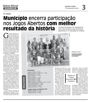 79ª edição
Município encerra participação
nos Jogos Abertos com melhor
resultado da história Guarujá conquistou 25 medalhas de
ouro, seis de prata e dez de bronze,
garantindo a 5ª colocação no ranking
Atletas da
Cidade
faturaram 41
medalhas
MENINAS DE OURO
A equipe de taekwondo
foi um dos destaques
da competição
Divulgação
G
uarujá conquistou a
5ª colocação no qua-
dro de medalhas na
disputa da segunda
divisão do 79º Jogos Abertos do Inte-
rior Horácio Baby Barioni, realiza-
do entre os dias 29 de novembro
e 12 de dezembro, em Barretos. O
resultado da delegação, formada
por 182 pessoas, entre atletas e
comissão técnica, foi o melhor
da Cidade na história dos Jogos.
Para se ter uma ideia do feito,
em 2014, Guarujá ocupou a 23ª
colocação no ranking geral e o 25º
no quadro de medalhas.
Em Barretos, o Muncípio
totalizou 41 medalhas: sendo 25
de ouro, seis de prata e dez de
bronze, o que ajudou a Cidade a
figurar na 7ª colocação no ranking
geral do torneio, com 89 pontos
(ver tabela). As modalidades ta-
ekwondo, xadrez, capoeira e a
categoria para atletas com defici-
ência (ACD) foram os destaques
do município na competição,
considerada o maior evento es-
portivo da América Latina.
“Dentro da proposta e das po-
líticas de esporte e lazer adotadas
pela atual administração pleite-
ando a utilização e a valorização
dos atletas do Município, os
resultados conquistados dentro
dos 79º Jogos Abertos do Inte-
rior, competição comparada, em
números, a uma Olimpíada, traz
à tona todo o trabalho árduo e a
dedicação dos técnicos e atletas
que representam a Cidade”, disse
o secretário de Esporte e Lazer do
Município.
Para o técnico da equipe de
taekwondo de Guarujá e da Se-
leção Brasileira, Rodney Saraiva,
a estrutura proporcionada pela
MODALIDADES
Capoeira feminina - 1º lugar
Taekwondo masculino e feminino - 1º lugar
Xadrez masculino - 1º lugar
Handebol feminino - 3º lugar
Bocha - 4º lugar
Capoeira masculina - 4º lugar
Ciclismo feminino - 4º lugar
Futebol feminino - 4º lugar
Natação masculino - 5º lugar
Ginástica artística feminina (até 14 anos) - 5º lugar
Tênis de Mesa feminino - 5º lugar
Vôlei de Praia feminino - 7º lugar
Ciclismo masculino - 8º lugar
Kickboxing masculino - 8º lugar
Categoria Atletas com Deficiência (ACD)
Atletismo masculino - 4º lugar
Atletismo feminino - 6º lugar
Natação masculino - 6º lugar
RESULTADOS
Secretaria de Esporte e Lazer
do Município foi fundamental
para a performance dos atletas.
A equipe foi formada por sete
esportistas, todos
beneficiários do
Programa Bolsa
Atleta Municipal,
que conquistaram
100% de aprovei-
tamento, com sete
medalhas de ouro.
“Esse resultado
foi fruto de um trabalho que
vem sendo realizado durante
o ano inteiro. Nós começamos
a utilizar a academia e a sala
de treinamentos do Estádio
Municipal Antônio Fernandes,
que estão contribuindo bastante
para o desempenho da equipe.
Além disso, temos seis atletas
liderando o ranking nacional e
outros 13 classificados para a
seletiva da Seleção Brasileira,
no ano que vem”,
contou o técnico.
O diretor de Es-
portes e chefe da
equipe de Guarujá
nos Jogos exaltou
a participação e o
empenho da dele-
gação. “Todos estão
de parabéns. Eles fizeram parte
do melhor resultado, além do
maior número de medalhas, de
Guarujá até hoje. A categoria
ACD também esteve muito bem
representada, com a maioria dos
atletas abaixando seus índices
nessa competição.”
QUINTA-FEIRA
17 de dezembro de 2015
3GUARUJÁ
Diário Oficial
 