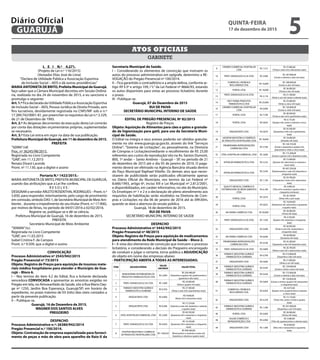 L E I N.º 4.271.
(Projeto de Lei n.º 116/2015)
(Vereador Elias José de Lima)
“Declara de Utilidade Pública a Associação Esportiva
de Inclusão Social – AEIS e dá outras providências.”
MARIA ANTONIETA DE BRITO, Prefeita Municipal de Guarujá,
faço saber que a Câmara Municipal decretou em Sessão Ordiná-
ria, realizada no dia 24 de novembro de 2015, e eu sanciono e
promulgo o seguinte:
Art. 1.º Fica declarada da Utilidade Pública a Associação Esportiva
de Inclusão Social – AEIS, Pessoa Jurídica de Direito Privado, sem
fins lucrativos, devidamente registrada no CNPJ/MF sob o n.º
17.289.742/0001-81, por preencher os requisitos da Lei n.º 2.329,
de 21 de Dezembro de 1993.
Art. 2.º As despesas decorrentes da execução desta Lei correrão
por conta das dotações orçamentárias próprias, suplementadas
se necessário.
Art. 3.º Esta Lei entra em vigor na data de sua publicação.
PrefeituraMunicipaldeGuarujá,em11dedezembrode2015.
PREFEITA
“SERIN”/rdl
Proc. nº 36245/98/2015.
Registrada no Livro Competente
“GAB”, em 11.12.2015
Renata Disaró Lacerda
Pront. nº 11.130, que a digitei e assino
Portaria N.º 1422/2015.-
MARIA ANTONIETA DE BRITO, PREFEITA MUNICIPAL DE GUARUJÁ,
usando das atribuições que a Lei lhe confere,
R E S O L V E :
DESIGNAR o servidor ARLETO ROSENTHAL RODRIGUES – Pront. n.º
5.830, para responder, interinamente, pelo cargo de provimento
emcomissão,símboloDAS-1,deSecretárioMunicipaldeMeioAm-
biente , durante o impedimento do seu titular (Pront. n.º 17.906),
por motivo de férias, no período de 04/01/2016 a 02/02/2016.
Registre-se, publique-se e dê-se ciência.
Prefeitura Municipal de Guarujá, 16 de dezembro de 2015.
PREFEITA
Secretário Municipal de Meio Ambiente
“SEMAN”/icc
Registrada no Livro Competente
“GAB”, em 11.03.2015
Isabel Cristina F. de Campos
Pront. n.º 9.509, que a digitei e assino
CONVOCAÇÃO
Processo Administrativo nº 2543/942/2015
Pregão Presencial nº 73/2015	
Objeto: Registro de Preços para aquisição de insumos mate-
riais médico hospitalares para atender o Município de Gua-
rujá – Bloco 6.
I – Nos termos do item 4.2 do Edital, fica a licitante declarada
vencedora CONVOCADA a apresentar as amostras exigidas no
Pregão em tela, no Almoxarifado da Saúde, sito à Rua Mario Day-
ge nº 1250, Jardim Boa Esperança, Guarujá/SP; em horário de
expediente, no prazo máximo de 03 (três) dias úteis contados a
partir da presente publicação.
II – Publique-se.
Guarujá, 16 de Dezembro de 2015.
WAGNER DOS SANTOS ALVES
PREGOEIRO
DESPACHO
Processo Administrativo n.º: 26380/942/2014
Pregão Presencial n.º 100/2014.
Objeto: Contratação de empresa especializada para forneci-
mento de peças e mão de obra para aparelho de Raio-X da
Secretaria Municipal de Saúde.
I – Considerando os elementos de convicção que instruem os
autos do processo administrativo em epígrafe, determino a RE-
VOGAÇÂO do Pregão Presencial nº 100/2014.
II – Fica garantido o contraditório e a ampla defesa, conforme ar-
tigo 49 §3º e artigo 109, I“c”da Lei Federal nº 8666/93, estando
os autos disponíveis para vistas ao processo licitatório durante
o prazo.
III - Publique-se.
Guarujá, 07 de Dezembro de 2015
RUI DE PAIVA
SECRETÁRIO MUNICIPAL INTERINO DE SAÚDE
EDITAL DE PREGÃO PRESENCIAL Nº 82/2015
Registro de Preços
Objeto: Aquisição de Alimentos para cães e gatos e granula-
do de higienização para gatil, para uso da Secretaria Muni-
cipal de Saúde.
O Edital na íntegra e seus anexos poderão ser obtidos gratuita-
mente no site www.guaruja.sp.gov.br, através do link “Serviços
Online”; "Sistema de Licitações”, ou pessoalmente, na Diretoria
de Compras e Licitações(mediante o recolhimento de R$ 25,00
referentes aos custos de reprodução) sito na Av. Santos Dumont,
800, 1º andar – Santo Antônio - Guarujá – SP, no período de 21
de dezembro de 2015 até o dia 05 de janeiro de 2016. O paga-
mento deverá ser efetivado na Agência Bancária situada dentro
do Paço Municipal Raphael Vitiello. Os demais atos que neces-
sitarem de publicidade serão publicados oficialmente apenas
no Diário Oficial do Município, nos termos da Lei Federal nº
8.666/1993, artigo 6º, inciso XIII e Lei Municipal nº 2.812/2001,
e disponibilizados, em caráter informativo, no site do Município.
Os Envelopes nº 1 e 2 e a declaração de pleno atendimento aos
requisitos de habilitação serão recebidos na Diretoria de Com-
pras e Licitações no dia 06 de janeiro de 2016 até às 09h30m,
quando se dará a abertura da sessão pública.
Guarujá, 16 de dezembro de 2015.
RUI DE PAIVA
SECRETÁRIO MUNICIPAL INTERINO DE SAÚDE
DESPACHO
Processo Administrativo nº 5442/942/2015
Pregão Presencial nº 48/2015	
Objeto: Registro de Preços para aquisição de medicamentos
para atendimento da Rede Municipal de Saúde – Bloco 2.
I – A vista dos elementos de convicção que instruem o processo
licitatório, e considerando a decisão do Pregoeiro encarregado
de conduzir e julgar o certame, torno pública a ADJUDICAÇÃO
do objeto em nome das empresas abaixo:
- PARTICIPAÇÃO ABERTA A TODAS AS INTERESSADAS:
ITEM ADJUDICATÁRIA
VALOR
UNITÁRIO
VALOR TOTAL
1
NUNESFARMA DISTRIBUIDORA DE
PRODUTOS FARMACÊUTICOS LTDA
R$ 2,840
R$ 204.480,00
(Duzentos e quatro mil, quatrocentos e
quarenta e oito reais)
2 PRATI, DONADUZZI & CIA LTDA R$ 1,600
R$ 24.000,00
(Vinte e quatro mil reais)
3
FARMACE INDÚSTRIA QUÍMICO
FARMACÊUTICA CEARENSE
R$ 0,550
R$ 27.500,00
(Vinte e sete mil e quinhentos reais)
4 DROGAFONTE LTDA R$ 0,800
R$ 9.600,00
(Nove mil e seiscentos reais)
5 DROGAFONTE LTDA R$ 8,586
R$ 77.274,00
(Setenta e sete mil, duzentos e setenta
e quatro reais)
6 VITAL HOSPITALAR COMERCIAL LTDA R$ 2,690
R$ 40.350,00
(Quarenta mil e trezentos e cinqüenta
reais)
7 PRATI, DONADUZZI & CIA LTDA R$ 0,950
R$ 14.250,00
(Quatorze mil e duzentos e cinquenta
reais)
8
HOSPFAR INDÚSTRIA E COMÉRCIO
DE PRODUTOS HOSPITALARES LTDA
R$ 1.665,64
R$ 999.384,00
(Novecentos e noventa e nove mil,
trezentos e oitenta e quatro reais)
9
CRISMED COMERCIAL HOSPITALAR
LTDA
R$ 1,512
R$ 37.800,00
(Trinta e sete mil e oitocentos reais)
10 PRATI, DONADUZZI & CIA LTDA R$ 3,400
R$ 187.000,00
(Cento e oitenta e sete mil reais)
11
COMERCIAL CIRÚRGICA
RIOCLARENSE LTDA
R$ 10,800
R$ 108.000,00
(Cento e oito mil reais)
12 PORTAL LTDA R$ 18,000
R$ 36.000,00
(Trinta e seis mil reais)
13
PRATI, DONADUZZI & CIA LTDA
R$ 2,118
R$ 21.180,00
(Vinte e um mil cento e oitenta reais)
14
HELP FARMA PRODUTOS
FARMACÊUTICA LTDA
R$ 25,000
R$ 25.000,00
(Vinte e cinco mil reais)
16
CRISMED COMERCIAL HOSPITALAR
LTDA
R$ 6,000
R$ 120.000,00
(Cento e vinte mil reais)
17 PORTAL LTDA R$ 7,700
R$ 38.500,00
(Trinta e oito mil e quinhentos reais)
18 PORTAL LTDA R$ 0,835
R$ 4.175,00
(Quatro mil, cento e setenta e cinco
reais)
19 DROGAFONTE LTDA R$ 0,870
R$ 43.500,00
(Quarenta e três mil e quinhentos
reais)
20
HOSPFAR INDÚSTRIA E COMÉRCIO
DE PRODUTOS HOSPITALARES LTDA
R$ 18,000
R$ 18.000,00
(Dezoito mil reais)
21
PROMEFARMA REPRESENTAÇÕES
COMERCIAIS LTDA
R$ 5,789
R$ 144.725,00
(Cento e quarenta e quatro mil,
setecentos e vinte e cinco reais)
22 VITAL HOSPITALAR COMERCIAL LTDA R$ 3,840
R$ 115.200,00
(Cento e quinze mil e duzentos reais)
24 INTERLAB FARMACÊUTICA LTDA R$ 5,233
R$ 15.699,00
(Quinze mil, seiscentos e noventa e
nove reais)
25
INTERLAB FARMACÊUTICA LTDA
R$ 5,430
R$ 407.250,00
(Quatrocentos e sete mil, duzentos e
cinquenta reais)
26 DROGAFONTE LTDA R$ 1,194
R$ 59.700,00
(Cinquenta e nove mil e setecentos
reais)
27
QUALITY MEDICAL COMÉRCIO E
DISTRIBUIDORA DE MEDICAMENTOS
LTDA
R$ 6,189
R$ 3.094,50
(Três mil e noventa e quatro reais e
cinquenta centavos)
28
PORTAL LTDA
R$ 2,010
R$ 20.100,00
(Vinte mil e cem reais)
29
PORTAL LTDA
R$ 9,822
R$ 19.644,00
(Dezenove mil, seiscentos e quarenta
e quatro reais)
30 BH FARMA COMÉRCIO LTDA R$ 30,000
R$ 30.000,00
(Trinta mil reais)
31 PRATI, DONADUZZI & CIA LTDA R$ 1,450
R$ 4.350,00
(Quatro mil, trezentos e cinquenta
reais)
32 DROGAFONTE LTDA R$ 0,490
R$ 26.950,00
(Vinte e seis mil, novecentos e
cinquenta reais)
33 BH FARMA COMÉRCIO LTDA R$ 8,000
R$ 60.000,00
(Sessenta mil reais)
34
PROMEFARMA REPRESENTAÇÕES
COMERCIAIS LTDA
R$ 0,540
R$ 43.200,00
(Quarenta e três mil duzentos reais)
35 PRATI, DONADUZZI & CIA LTDA R$ 0,890
R$ 26.700,00
(Vinte e seis mil e setencentos reais)
36
FARMACE INDÚSTRIA QUÍMICO
FARMACÊUTICA CEARENSE
R$ 0,700
R$ 210.000,00
(Duzentos e dez mil reais)
37 DROGAFONTE LTDA R$ 0,840
R$ 21.000,00
(Vinte e um mil reais)
38
FARMACE INDÚSTRIA QUÍMICO
FARMACÊUTICA CEARENSE
R$ 0,430
R$ 129.000,00
(Cento e vinte e nove mil reais)
39
FARMACE INDÚSTRIA QUÍMICO
FARMACÊUTICA CEARENSE
R$ 0,430
R$ 172.000,00
(Cento e setenta e dois mil reais)
40
FARMACE INDÚSTRIA QUÍMICO
FARMACÊUTICA CEARENSE
R$ 0,899
R$ 134.850,00
(Cento e trinta e quatro mil, oitocentos
e cinquenta reais)
41
COMERCIAL CIRÚRGICA
RIOCLARENSE LTDA
R$ 8,950
R$ 4.475,00
(Quatro mil e quatrocentos e setenta
e cinco reais)
42 DROGAFONTE LTDA R$ 4,378
R$ 13.134,00
(Treze mil, cento e trinta e quatro
reais)
45
FARMACE INDÚSTRIA QUÍMICO
FARMACÊUTICA CEARENSE
R$ 1,340
R$ 201.000,00
(Duzentos e um mil reais)
46 PORTAL LTDA R$ 6,000
R$ 30.000,00
(Trinta mil reais)
48
AGLON COMÉRCIO E
REPRESENTAÇÕES LTDA
R$ 6,960
R$ 3.480,00
(Três mil, quatrocentos e oitenta reais)
49 DROGAFONTE LTDA R$ 1,490
R$ 8.940,00
(Oito mil e novecentos e quarenta
reais)
GABINETE
ATOS OFICIAIS
QUINTA-FEIRA
17 de dezembro de 2015
5GUARUJÁ
Diário Oficial
 