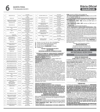 50 DROGAFONTE LTDA R$ 0,550
R$ 2.750,00
(Dois mil, setecentos e cinquenta
reais)
51 PORTAL LTDA R$ 3,303
R$ 4.954,50
(Quatro mil e novecentos e cinqüenta
quatro reais e cinqüenta centavos)
52
FARMACE INDÚSTRIA QUÍMICO
FARMACÊUTICA CEARENSE
R$ 0,420
R$ 50.400,00
(Cinquenta mil e quatrocentos reais)
53 DROGAFONTE LTDA R$ 0,520
R$ 10.400,00
(Dez mil e quatrocentos reais)
54 DROGAFONTE LTDA R$ 3,562
R$ 21.372,00
(Vinte e um mil e trezentos e setenta
e dois reais)
55
CRISMED COMERCIAL HOSPITALAR
LTDA
R$ 5,769
R$ 346.140,00
(Trezentos e quarenta e seis mil, cento
e quarenta reais)
56
CRISMED COMERCIAL HOSPITALAR
LTDA
R$ 2,900
R$ 87.000,00
(Oitenta e sete mil reais)
57 PORTAL LTDA R$ 1,475
R$ 14.750,00
(Quatorze mil, setecentos e cinquenta
reais)
58
	PROMEFARMA
REPRESENTAÇÕES COMERCIAIS LTDA
R$ 1,021
R$ 12.252,00
(Doze mil, duzentos e cinquenta e
dois reais)
59
AGLON COMÉRCIO E
REPRESENTAÇÕES LTDA
R$ 8,600
R$ 129.000,00
(Cento e vinte e nove mil reais)
60 DROGAFONTE LTDA R$ 0,585
R$ 4.680,00
(Quatro mil, seiscentos e oitenta reais)
61 PORTAL LTDA R$ 1,600
R$ 14.400,00
(Quatorze mil e quatrocentos reais)
62
PROMEFARMA REPRESENTAÇÕES
COMERCIAIS LTDA
R$ 6,590
R$ 39.540,00
(Trinta e nove mil, quinhentos e
quarenta reais)
63
PROMEFARMA REPRESENTAÇÕES
COMERCIAIS LTDA
R$ 1,310
R$ 5.895,00
(Cinco mil e oitocentos e noventa e
cinco reais)
64
COMERCIAL CIRÚRGICA
RIOCLARENSE LTDA
R$ 10,100
R$20.200,00
(Vinte mil e duzentos reais)
65 PORTAL LTDA R$ 2,400
R$ 240.000,00
(Duzentos e quarenta mil reais)
66 PRATI, DONADUZZI & CIA LTDA R$ 3,050
R$ 30.500,00
(Trinta mil e quinhentos reais)
67 PRATI, DONADUZZI & CIA LTDA R$ 1,432
R$ 7.160,00
(Sete mil e cento e sessenta reais)
68 PRATI, DONADUZZI & CIA LTDA R$ 4,300
R$ 21.500,00
(Vinte e um mil e quinhentos reais)
69 VITAL HOSPITALAR COMERCIAL LTDA R$ 1,700
R$ 17.000,00
(Dezessete mil reais)
71
NUNESFARMA DISTRIBUIDORA DE
PRODUTOS FARMACÊUTICOS LTDA
R$ 5,350
R$ 80.250,00
(Oitenta mil, duzentos e cinquenta
reais)
72 PRATI, DONADUZZI & CIA LTDA R$ 1,100
R$ 99.000,00
(Noventa e nove mil reais)
73 PRATI, DONADUZZI & CIA LTDA R$ 3,350
R$ 134.000,00
(Cento e trinta e quatro mil reais)
74
NUNESFARMA DISTRIBUIDORA DE
PRODUTOS FARMACÊUTICOS LTDA
R$ 2,900
R$ 14.500,00
(Quatorze mil e quinhentos reais)
76 VITAL HOSPITALAR COMERCIAL LTDA R$ 4,260
R$ 21.300,00
(Vinte e um mil e trezentos reais)
77 DROGAFONTE LTDA R$ 1,830
R$ 18.300,00
(Dezoito mil e trezentos reais)
78
CRISMED COMERCIAL HOSPITALAR
LTDA
R$ 4,680
R$ 374.400,00
(Trezentos e setenta e quatro mil e
quatrocentos reais)
79
CRISMED COMERCIAL HOSPITALAR
LTDA
R$ 0,810
R$ 1.620,00
(Hum mil, seiscentos e vinte reais)
80 PRATI, DONADUZZI & CIA LTDA R$ 1,959
R$ 117.540,00
(Cento e dezessete mil, quinhentos e
quarenta reais)
82
UNIÃO QUÍMICA FARMACÊUTICA
NACIONAL S/A
R$ 1,220
R$ 6.100,00
(seis mil e cem reais)
83
COMERCIAL CIRÚRGICA
RIOCLARENSE LTDA
R$ 1,245
R$ 24.900,00
(Vinte e quatro mil e novecentos reais)
84
PROMEFARMA REPRESENTAÇÕES
COMERCIAIS LTDA
R$ 2,445
R$ 4.890,00
(Quatro mil, oitocentos e noventa
reais)
85 PORTAL LTDA R$ 16,680
R$ 83.400,00
(oitenta e três mil e quatrocentos
reais)
86 PORTAL LTDA R$ 5,245
R$ 13.112,50
(Treze mil, cento e doze reais e
cinqüenta centavos)
87 PRATI, DONADUZZI & CIA LTDA R$ 5,400
R$ 54.000,00
(Cinquenta e quatro mil reais)
88
FARMACE INDÚSTRIA QUÍMICO
FARMACÊUTICA CEARENSE
R$ 0,434
R$43.400,00
(quarenta e três mil e quatrocentos
reais)
89
PROMEFARMA REPRESENTAÇÕES
COMERCIAIS LTDA
R$ 7,084
R$ 14.168,00
(quatorze mil, cento e sessenta e
oito reais)
90 INTERLAB FARMACÊUTICA LTDA R$ 5,200
R$ 52.000,00
(Cinquenta e dois mil reais)
91 PRATI, DONADUZZI & CIA LTDA R$ 0,900
R$ 5.400,00
(Cinco mil e quatrocentos reais)
92
PROMEFARMA REPRESENTAÇÕES
COMERCIAIS LTDA
R$ 0,600
R$ 15.000,00
(quinze mil reais)
93 BH FARMA COMÉRCIO LTDA R$ 2,690
R$ 67.250,00
(sessenta e sete mil, duzentos e
cinqüenta reais)
94 PRATI, DONADUZZI & CIA LTDA R$ 1,230
R$ 6.150,00
(Seis mil, cento e cinqüenta reais)
95 PORTAL LTDA R$ 0,282
R$ 2.820,00
(Dois mil, oitocentos e vinte reais)
96 PORTAL LTDA R$ 0,462
R$ 4.620,00
(Quatro mil, seiscentos e vinte reais)
97
PROMEFARMA REPRESENTAÇÕES
COMERCIAIS LTDA
R$ 0,671
R$ 20.130,00
(Vinte mil, cento e trinta reais)
98
HOSPFAR INDÚSTRIA E COMÉRCIO
DE PRODUTOS HOSPITALARES LTDA
R$ 4,100
R$ 492.000,00
(Quatrocentos e noventa e dois mil
reais)
99
CIRÚRGICA SANTA CRUZ COMÉRCIO
DE PRODUTOS HOSPITALARES LTDA
R$ 1,300
R$ 26.000,00
(Vinte se seis mil reais)
100
AGLON COMÉRCIO E
REPRESENTAÇÕES LTDA
R$ 6,160
R$ 2.217,60
(Dois mil, duzentos e dezessete reais e
sessenta centavos)
102
PROMEFARMA REPRESENTAÇÕES
COMERCIAIS LTDA
R$ 1,552
R$ 15.520,00
(quinze mil, quinhentos e vinte reais)
103
CRISMED COMERCIAL HOSPITALAR
LTDA
R$ 0,870
R$ 52.200,00
(Cinquenta e dois mil e duzentos reais)
106
COMERCIAL CIRÚRGICA
RIOCLARENSE LTDA
R$ 0,950
R$47.500,00
(quarenta e sete mil e quinhentos
reais)
II – Os itens 15, 23, 47, 70, 101, 104 e 105 DESERTOS.
III – O item 44 foi CANCELADO pela Secretaria.
IV – Os Itens 43, 75 e 81 FRACASSADOS.
V – Em ato contínuo, HOMOLOGO o certame.
VI – Publique-se.
Guarujá, 14 de dezembro de 2015.
RUI DE PAIVA
SECRETÁRIO MUNICIPAL INTERINO DE SAÚDE
EXTRATO DE TERMO DE CONSOLIDAÇÃO, SUPRESSÃO
E PRORROGAÇÃO DE CONTRATO ADMINISTRATIVO
CONTRATO ADMINISTRATIVO N°. 283/2014 T.A. 02
TOMADA DE PREÇOS Nº 02/2014
PROCESSO ADMINISTRATIVO Nº. 31469/125987/2013
CONTRATANTE: MUNICIPIO DE GUARUJÁ
CONTRATADA: A.N. ENGENHARIA E CONSTRUÇÕES LTDA
OBJETO: Execução de infraestrutura em vias turística: Calçamento
da Rua Dona Joana de Menezes Faro – Guarujá - SP. Resolvem as
partes consolidar a planilha final de serviços executados como
planilha final doTermo de Referencia, suprimir o valor do contra-
to em R$ 6.659,54 (seis mil, seiscentos e cinquenta e nove reais
e cinquenta e quatro centavos) e prorrogar o prazo por mais
60 (sessenta) dias a partir de 18/11/2015, conforme justificati-
vas e parecer jurídico constantes no processo administrativo nº
8829/111787/2015, nos termos do que dispõem os artigos 57, §
1º inciso I - IV e 65, I a-b, § 1º da Lei Federal nº 8666/93.
Os serviços ora suprimidos, consolidados e prorrogados serão
diretamente acompanhados e fiscalizados, em todas as fases,
pela Secretaria Municipal de Infraestrutura e Obras, que zelará
pelo fiel cumprimento das obrigações assumidas pela Contra-
tada, nos termos do art. 67, da Lei Federal nº 8666/93; Data da
Assinatura: 30/11/2015.
TOMADA DE PREÇOS Nº 09/2015
PROCESSO ADMINISTRATIVO Nº 9709/110758/2013
OBJETO:PRESTAÇÃODESERVIÇOSDECOMPLEMENTAÇÃODE
AVALIAÇÃO PRELIMINAR E INVESTIGAÇÃO DETALHADA, ELA-
BORAÇÃODEAVALIAÇÃODERISCOEPLANODEINTERVENÇÃO
VERIFICADA NA ÁREA LOCALIZADA ATRÁS DA ESCOLA MU-
NICIPAL SÉRGIO PEREIRA, GUARUJÁ/SP, PARA ATENDIMENTO
AO OFÍCIO DA CETESB Nº 1182/2014/CMN DE 18/07/2014.
RELATÓRIO DE ANÁLISE DE
DOCUMENTOS PARA HABILITAÇÃO
Após a análise dos documentos de habilitação apresentados pelas
licitantes, a Comissão Permanente de Licitações de Compras e
Serviços Gerais decide:
1. HABILITAR as empresas descritas abaixo, por terem cumprido
integralmenteosrequisitosdescritosnoeditalcomosegueabaixo:
• INDEX AMBIENTAL LTDA. - EPP, inscrita no CNPJ sob o nº
17.632.169/0001-67.
• REGEA GEOLOGIA, ENGENHARIA E ESTUDOS AMBIENTAIS
LTDA, inscrita no CNPJ 07.105.914/0001-66.
• ACTHON PLANEJAMENTO EMBIENTAL LTDA, inscrita no CNPJ
sob o nº 06.098.135/0001-18.
•L.A.FALCÃOBAUERCENTROTECNOLOGICODECONTROLEDA
QUALIDADE LTDA, inscrita no CNPJ sob o nº 53.020.152/0001-12.
• IA AMBIENTAL LTDA – ME, inscrita no CNPJ sob o nº
18.195.904/0001-85.
• CMA AMBIENTAL LTDA - EPP, inscrita no CNPJ sob o nº
20.366.188/0001-01.
2. E INABILITAR a empresa descrita abaixo:
• W.V.A. ASSESSORIA E CONSULTORIA EMPRESARIAL LTDA,
inscritanoCNPJsobonº04.900.729/0001-75,pornãotercumprido
o item 6.1.4 letra A do edital, no qual se refere a apresentação da
(CertidãodeRegistroouinscrição,dentrodoprazodevalidade,jun-
to ao CREA ou CAU, da empresa e de seus responsáveis técnicos).
3. Fica aberto prazo de 05 (cinco) dias úteis a contar da publicação
no Diário Oficial do Município para a apresentação de recurso ao
parecer de habilitação da Comissão.
4. Decorrido o prazo sem interposição de Recurso, fica designado
o dia 29 de Dezembro de 2015, às 10:30 horas da manhã, para
sessão pública de abertura do envelope nº 02 – PROPOSTA, na
Diretoria de Compras e Licitações, sito no 1º Andar do Paço Moacir
dos Santos Filho.
Guarujá, 16 de Dezembro de 2015.
EDVALDO BISPO DIAS
Presidente Comissão Permanente de
Licitações de Compras e Serviços Gerais
SECRETARIAS MUNICIPAIS
ATOS OFICIAIS
ADMINISTRAÇÃO
­EDITAL DE COMUNICAÇÃO
(artigo 160 § 3º e § 4º da L. C. nº 135)
A Prefeitura Municipal de Guarujá, Estado de São Paulo, através
da Secretaria Municipal de Administração, comunica o(a) Sr.(a.)
PAULO ROBERTO DOS SANTOS – prontuário nº 14.005, em
obediência ao artigo 160 § 3º e § 4º da Lei Complementar nº 135,
que consta procedimento administrativo instaurado no processo
nº 32.273/2015, com a fundamentação legal dos artigos 160 §
1º, § 3º e § 4º da citada Lei Complementar.
Fica o servidor acima indicado convocado para manifestar-se
acerca do que consta no processo citado.
O processo administrativo encontra-se na Folha de Pagamento –
ADMGP - 4 (2º andar - sala nº 65), desta Prefeitura, sito a Av. Santos
Dumont, n° 640, Bairro do Santo Antônio, no horário das 12:00
horas às 16:00 horas, sendo que a partir de 03 (três) dias uteis a
contar desta publicação no Diário Oficial do Município, será cum-
prido o que estabelece o artigo 160 da Lei Complementar nº 135.
Guarujá, 16 de dezembro de 2015.
Elias de Oliveira Filho
FG – S3 – Coordenador III
COMUNICADO
A Diretoria de Gestão de Pessoas comunica aos SERVIDORES
DO QUADRO DE EMPREGO PERMANENTE DA CLT QUE SE
ENCONTRAM APOSENTADOS POR INVALIDEZ JUNTO AO RE-
GIME GERAL DA PREVIDÊNCIA SOCIAL, AOS PENSIONISTAS
DA CAMARA MUNICIPAL DE GUARUJÁ QUE RECEBEM SUA
PENSÃOPORESTEEXECUTIVOEAOSPENSIONISTASDEAÇÃO
JUDICIAL, que estes deverão se recadastrar junto a Diretoria de
Gestão de Pessoas – ADM GP, desta Prefeitura Municipal, sito a
Av. Santos Dumont, n° 640 – Santo Antonio, Paço RaphaelVitiello
– térreo (sala 33), das 12 às 16 horas às segunda, terça, quinta
e sexta feira e no horário das 9 às 13 horas às quarta-feiras, no
período de 01 a 21 de dezembro de 2015, sendo que o não
recadastramento implicará na cessação de benefícios a que
têm direito a partir do mês de janeiro de 2016, até que a
situação seja regularizada.
OSPENSIONISTASDACAMARAMUNICIPALDEGUARUJÁQUE
RECEBEM SUA PENSÃO POR ESTE EXECUTIVO, no caso de filha
QUINTA-FEIRA
17 de dezembro de 2015
6 GUARUJÁ
Diário Oficial
 