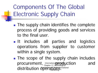 Components Of The Global
Electronic Supply Chain
 The supply chain identifies the complete
 process of providing goods and services
 to the final user.
 It includes all parties and logistics
 operations from supplier to customer
 within a single system.
 The scope of the supply chain includes
 procurement, Chapter-17 Technological
                               production
                   International Marketing
                                               and
 distribution operations.
               Development’s And International
                          Marketing
 