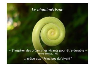 Le biomimétisme
« S’inspirer des organismes vivants pour être durable »
Janine Benyus, 1997
… grâce aux “Principes du Vivant”
 