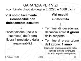 v0.5/52 23
GARANZIA PER VIZI
(combinato disposto degli artt. 2226 e 1668 c.c. )
Vizi noti o facilmente
riconoscibili non
dolosamente occultati
↓
l’accettazione (tacita o
espressa) dell’opera
libera il prestatore dalla
responsabilità
Vizi occulti
e difformità
↓
• Termine di decadenza:
denuncia entro 8 giorni
dalla scoperta
• Termine di prescrizione
dell’azione: 1 anno
(disciplina analoga a quella della
vendita e meno favorevole
rispetto a quella dell’appalto)
G. Pedrazzi - UniBS 23
 