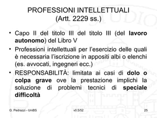 v0.5/52 25
PROFESSIONI INTELLETTUALI
(Artt. 2229 ss.)
• Capo II del titolo III del titolo III (del lavoro
autonomo) del Libro V
• Professioni intellettuali per l’esercizio delle quali
è necessaria l’iscrizione in appositi albi o elenchi
(es. avvocati, ingegneri ecc.)
• RESPONSABILITÀ: limitata ai casi di dolo o
colpa grave ove la prestazione implichi la
soluzione di problemi tecnici di speciale
difficoltà
G. Pedrazzi - UniBS 25
 