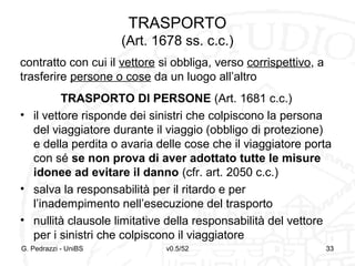 v0.5/52 33
TRASPORTO
(Art. 1678 ss. c.c.)
TRASPORTO DI PERSONE (Art. 1681 c.c.)
• il vettore risponde dei sinistri che colpiscono la persona
del viaggiatore durante il viaggio (obbligo di protezione)
e della perdita o avaria delle cose che il viaggiatore porta
con sé se non prova di aver adottato tutte le misure
idonee ad evitare il danno (cfr. art. 2050 c.c.)
• salva la responsabilità per il ritardo e per
l’inadempimento nell’esecuzione del trasporto
• nullità clausole limitative della responsabilità del vettore
per i sinistri che colpiscono il viaggiatore
G. Pedrazzi - UniBS 33
contratto con cui il vettore si obbliga, verso corrispettivo, a
trasferire persone o cose da un luogo all’altro
 
