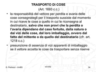 v0.5/52 34
TRASPORTO DI COSE
(Art. 1693 c.c.)
• la responsabilità del vettore per perdita e avaria delle
cose consegnategli per il trasporto sussiste dal momento
in cui riceve le cose a quello in cui le riconsegna al
destinatario, salvo che non provi che la perdita o
l’avaria dipendano dal caso fortuito, dalla natura o
dai vizi delle cose, dal loro imballaggio, ovvero dal
fatto del mittente o da quello del destinatario (cfr. art.
1218 c.c.)
• presunzione di assenza di vizi apparenti di imballaggio
se il vettore accetta le cose da trasportare senza riserve
G. Pedrazzi - UniBS 34
 