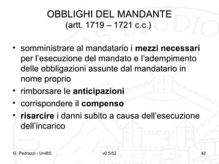 v0.5/52 42
OBBLIGHI DEL MANDANTE
(artt. 1719 – 1721 c.c.)
• somministrare al mandatario i mezzi necessari
per l’esecuzione del mandato e l’adempimento
delle obbligazioni assunte dal mandatario in
nome proprio
• rimborsare le anticipazioni
• corrispondere il compenso
• risarcire i danni subito a causa dell’esecuzione
dell’incarico
G. Pedrazzi - UniBS 42
 