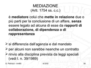 v0.5/52 50
MEDIAZIONE
(Artt. 1754 ss. c.c.)
è mediatore colui che mette in relazione due o
più parti per la conclusione di un affare, senza
essere legato ad alcuna di esse da rapporti di
collaborazione, di dipendenza o di
rappresentanza
 si differenzia dall’agenzia e dal mandato
 per alcuni non sarebbe neanche un contratto
 rinvio alla disciplina prevista da leggi speciali
(vedi l. n. 39/1989)
G. Pedrazzi - UniBS 50
 