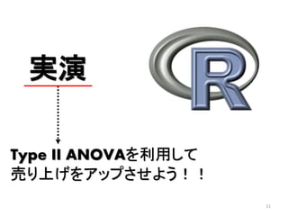 11
実演
Type II ANOVAを利用して
売り上げをアップさせよう！！
 