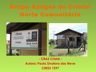 Grupo Amigas do Cristal
Horta Comunitária
- CRAS Cristal -
Autora: Paula Sinatora das Neve
CRESS 7297
 