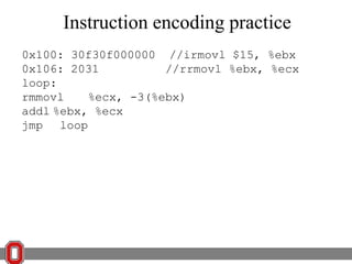 Instruction encoding practice
0x100: 30f30f000000 //irmovl $15, %ebx
0x106: 2031
//rrmovl %ebx, %ecx
loop:
rmmovl
%ecx, -3(%ebx)
addl %ebx, %ecx
jmp loop

 