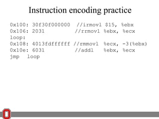 Instruction encoding practice
0x100: 30f30f000000 //irmovl $15, %ebx
0x106: 2031
//rrmovl %ebx, %ecx
loop:
0x108: 4013fdffffff //rmmovl %ecx, -3(%ebx)
0x10e: 6031
//addl
%ebx, %ecx
jmp loop

 