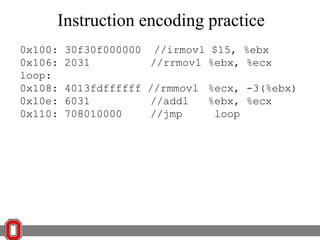 Instruction encoding practice
0x100:
0x106:
loop:
0x108:
0x10e:
0x110:

30f30f000000 //irmovl $15, %ebx
2031
//rrmovl %ebx, %ecx
4013fdffffff //rmmovl %ecx, -3(%ebx)
6031
//addl
%ebx, %ecx
708010000
//jmp
loop

 