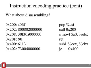 Instruction encoding practice (cont)
What about disassembling?
0x200: a06f
0x202: 800802000000
0x208: 30f30a000000
0x20F: 90
0x400: 6113
0x402: 73004000000

pop %esi
call 0x208
irmovl $a0, %ebx
ret
subl %ecx, %ebx
je
0x400

35

 
