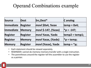 Operand Combinations example
Source

Dest

Src,Dest*

C analog

Immediate Register

movl $0x4, %eax

temp = 0x4;

Immediate Memory

movl $-147, (%eax)

*p = -147;

Register

Register

movl %eax, %edx

temp2 = temp1;

Register

Memory

movl %eax, (%edx)

*p = temp;

Memory

Register

movl (%eax), %edx

temp = *p;

• Each statement should be viewed separately.
• REMINDER: cannot do memory-memory transfer with a single instruction.
• The parentheses around the register tell the assembler to use the register
as a pointer.
47

 