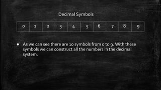 Decimal Symbols
0 1 2 3 4 5 6 7 8 9
● As we can see there are 10 symbols from 0 to 9. With these
symbols we can construct all the numbers in the decimal
system.
 