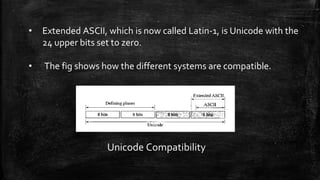 • Extended ASCII, which is now called Latin-1, is Unicode with the
24 upper bits set to zero.
• The fig shows how the different systems are compatible.
Unicode Compatibility
 