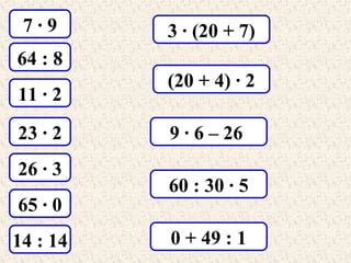 7·9

3 · (20 + 7)

64 : 8
11 · 2
23 · 2
26 · 3
65 · 0
14 : 14

(20 + 4) · 2
9 · 6 – 26
60 : 30 · 5
0 + 49 : 1

 