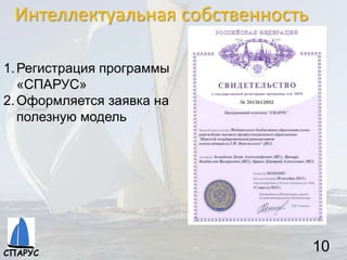 Интеллектуальная собственность
10
1.Регистрация программы
«СПАРУС»
2.Оформляется заявка на
полезную модель
СПАРУС
 