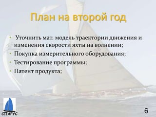План на второй год
• Уточнить мат. модель траектории движения и
изменения скорости яхты на волнении;
• Покупка измерительного оборудования;
• Тестирование программы;
• Патент продукта;
6СПАРУС
 