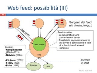 sito
26
Sorgenti dei feed
(siti di news, blogs,..)
R.Polillo - Aprile 2014
feed reader
browser
CLIENT
SERVER
Web feed: possibilità (III)
Servizio online
- Le subscription sono
conservate sul server
- Possibile la sincronizzazione fra
più device e condivisione di liste
di subscriptions fra utenti
condivise
app
Esempi:
- Google Reader
(2005→2013)
- Netvibes (2005)
- Flipboard (2005)
- Feedly (2008)
- Pulse (2010)
 