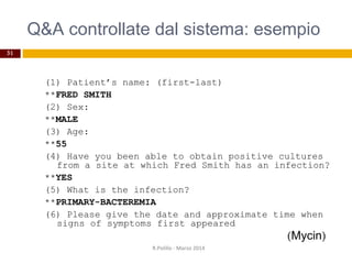 Q&A controllate dal sistema: esempio
R.Polillo - Marzo 2014
31
(1) Patient’s name: (first-last)
**FRED SMITH
(2) Sex:
**MALE
(3) Age:
**55
(4) Have you been able to obtain positive cultures
from a site at which Fred Smith has an infection?
**YES
(5) What is the infection?
**PRIMARY-BACTEREMIA
(6) Please give the date and approximate time when
signs of symptoms first appeared
(Mycin)
 
