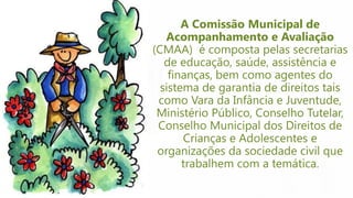 A Comissão Municipal de
Acompanhamento e Avaliação
(CMAA) é composta pelas secretarias
de educação, saúde, assistência e
finanças, bem como agentes do
sistema de garantia de direitos tais
como Vara da Infância e Juventude,
Ministério Público, Conselho Tutelar,
Conselho Municipal dos Direitos de
Crianças e Adolescentes e
organizações da sociedade civil que
trabalhem com a temática.
 