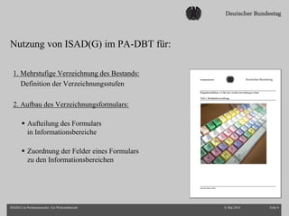 Nutzung von ISAD(G) im PA-DBT für:
8. Mai 2014 Folie 6ISAD(G) im Parlamentsarchiv. Ein Werkstattbericht
1. Mehrstufige Verzeichnung des Bestands:
Definition der Verzeichnungsstufen
2. Aufbau des Verzeichnungsformulars:
 Aufteilung des Formulars
in Informationsbereiche
 Zuordnung der Felder eines Formulars
zu den Informationsbereichen
 