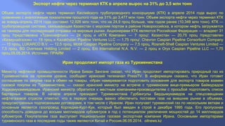 Экспорт нефти через терминал КТК в апреле вырос на 31% до 3,5 млн тонн
Объем экспорта нефти через терминал Каспийского трубопроводного консорциума (КТК) в апреле 2014 года вырос по
сравнению с аналогичным показателем прошлого года на 31% до 3,477 млн тонн. Объем экспорта нефти через терминал КТК
за январь-апрель 2014 года составил 12,926 млн тонн, что на 24,9 проц больше, чем годом ранее (10,348 млн тонн). КТК —
трубопроводная система, связывающая Казахстан с морским портом в районе Новороссийска, в котором нефть загружается
на танкеры для последующей отправки на мировые рынки. Акционерами КТК являются Российская Федерация — владеет 31
проц /представлена «Транснефтью» — 24 проц и «КТК Компани» — 7 проц/; Казахстан — 20,75 проц /представлен
«Казмунайгазом» — 19 проц и Kazakhstan Pipeline Ventures LLC — 1,75 проц/; Chevron Caspian Pipeline Consortium Company
— 15 проц, LUKARCO B.V. — 12,5 проц, Mobil Caspian Pipeline Company — 7,5 проц, Rosneft-Shell Caspian Ventures Limited —
7,5 проц, BG Overseas Holding Limited — 2 проц, Eni International N.A. N.V. — 2 проц и Oryx Caspian Pipeline LLC — 1,75
проц.05.05.2014. Источник: ПРАЙМ
Иран продолжит импорт газа из Туркменистана
Министр нефтяной промышленности Ирана Бижан Зангане сказал, что Иран продолжит импортировать природный газ из
Туркменистана на прежнем уровне, сообщает иранский телеканал PressTV. В информации сказано, что Иран готовит
соглашение по закупке газа в обмен на товары. «Иран намеревается подготовить основания для экспорта товаров взамен
газовой покупки из Туркменистана, — сказал иранский министр на встрече с туркменским вице-премьером Баймурадом
Ходжамухаммедовым. Иранский министр обратился к местным компаниям-производителям с просьбой подготовить список
бартерных товаров. В начале апреля президент Туркменистана Гурбангулы Бердымухамедов на спецсовещании
нефтегазовой отрасли отметил, что в первую очередь важно обеспечить поставки газа на внешние рынки в объемах,
предусмотренных подписанными договорами, в том числе с Ираном. Иран получает туркменский газ по нескольким веткам и
основным является газопровод Корпедже-Курт-Куи, который был введен в строй в декабре 1995 года. Его пропускная
способность доведена до восьми миллиардов кубометров в год с потенциалом увеличения мощностей до 14 миллиардов
кубометров. Покупателем газа выступает Национальная газовая экспортная компания Ирана. Основными импортерами
туркменского газа в последние годы также являются Китай и Россия.06.05.2014. oilnews.kz
 