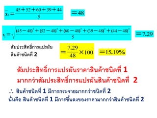 485
4439605245
2

x
297.5
48444839486048524845 22222
1
)()()()()(
s


สัมประสิทธิ์กำรแปรผัน
สินค้ำชนิดที่ 2 10048
297

.
%.1915
สัมประสิทธิ์กำรแปรผันรำคำสินค้ำชนิดที่ 1
มำกกว่ำสัมประสิทธิ์กำรแปรผันสินค้ำชนิดที่ 2
สินค้ำชนิดที่ 1 มีกำรกระจำยมำกกว่ำชนิดที่ 2
นั่นคือ สินค้ำชนิดที่ 1 มีกำรขึ้นลงของรำคำมำกกว่ำสินค้ำชนิดที่ 2
 