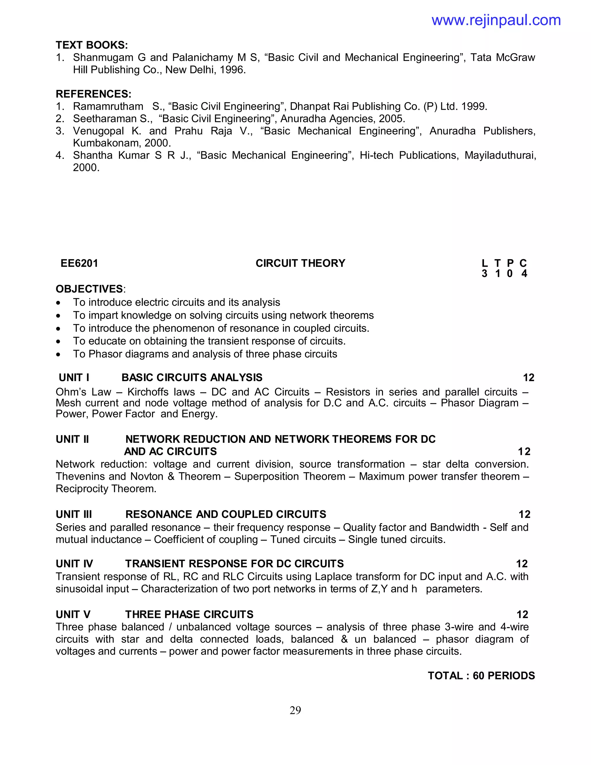 29
TEXT BOOKS:
1. Shanmugam G and Palanichamy M S, “Basic Civil and Mechanical Engineering”, Tata McGraw
Hill Publishing Co., New Delhi, 1996.
REFERENCES:
1. Ramamrutham S., “Basic Civil Engineering”, Dhanpat Rai Publishing Co. (P) Ltd. 1999.
2. Seetharaman S., “Basic Civil Engineering”, Anuradha Agencies, 2005.
3. Venugopal K. and Prahu Raja V., “Basic Mechanical Engineering”, Anuradha Publishers,
Kumbakonam, 2000.
4. Shantha Kumar S R J., “Basic Mechanical Engineering”, Hi-tech Publications, Mayiladuthurai,
2000.
OBJECTIVES:
 To introduce electric circuits and its analysis
 To impart knowledge on solving circuits using network theorems
 To introduce the phenomenon of resonance in coupled circuits.
 To educate on obtaining the transient response of circuits.
 To Phasor diagrams and analysis of three phase circuits
UNIT I BASIC CIRCUITS ANALYSIS 12
Ohm’s Law – Kirchoffs laws – DC and AC Circuits – Resistors in series and parallel circuits –
Mesh current and node voltage method of analysis for D.C and A.C. circuits – Phasor Diagram –
Power, Power Factor and Energy.
UNIT II NETWORK REDUCTION AND NETWORK THEOREMS FOR DC
AND AC CIRCUITS 12
Network reduction: voltage and current division, source transformation – star delta conversion.
Thevenins and Novton & Theorem – Superposition Theorem – Maximum power transfer theorem –
Reciprocity Theorem.
UNIT III RESONANCE AND COUPLED CIRCUITS 12
Series and paralled resonance – their frequency response – Quality factor and Bandwidth - Self and
mutual inductance – Coefficient of coupling – Tuned circuits – Single tuned circuits.
UNIT IV TRANSIENT RESPONSE FOR DC CIRCUITS 12
Transient response of RL, RC and RLC Circuits using Laplace transform for DC input and A.C. with
sinusoidal input – Characterization of two port networks in terms of Z,Y and h parameters.
UNIT V THREE PHASE CIRCUITS 12
Three phase balanced / unbalanced voltage sources – analysis of three phase 3-wire and 4-wire
circuits with star and delta connected loads, balanced & un balanced – phasor diagram of
voltages and currents – power and power factor measurements in three phase circuits.
TOTAL : 60 PERIODS
EE6201 CIRCUIT THEORY L T P C
3 1 0 4
www.rejinpaul.com
 