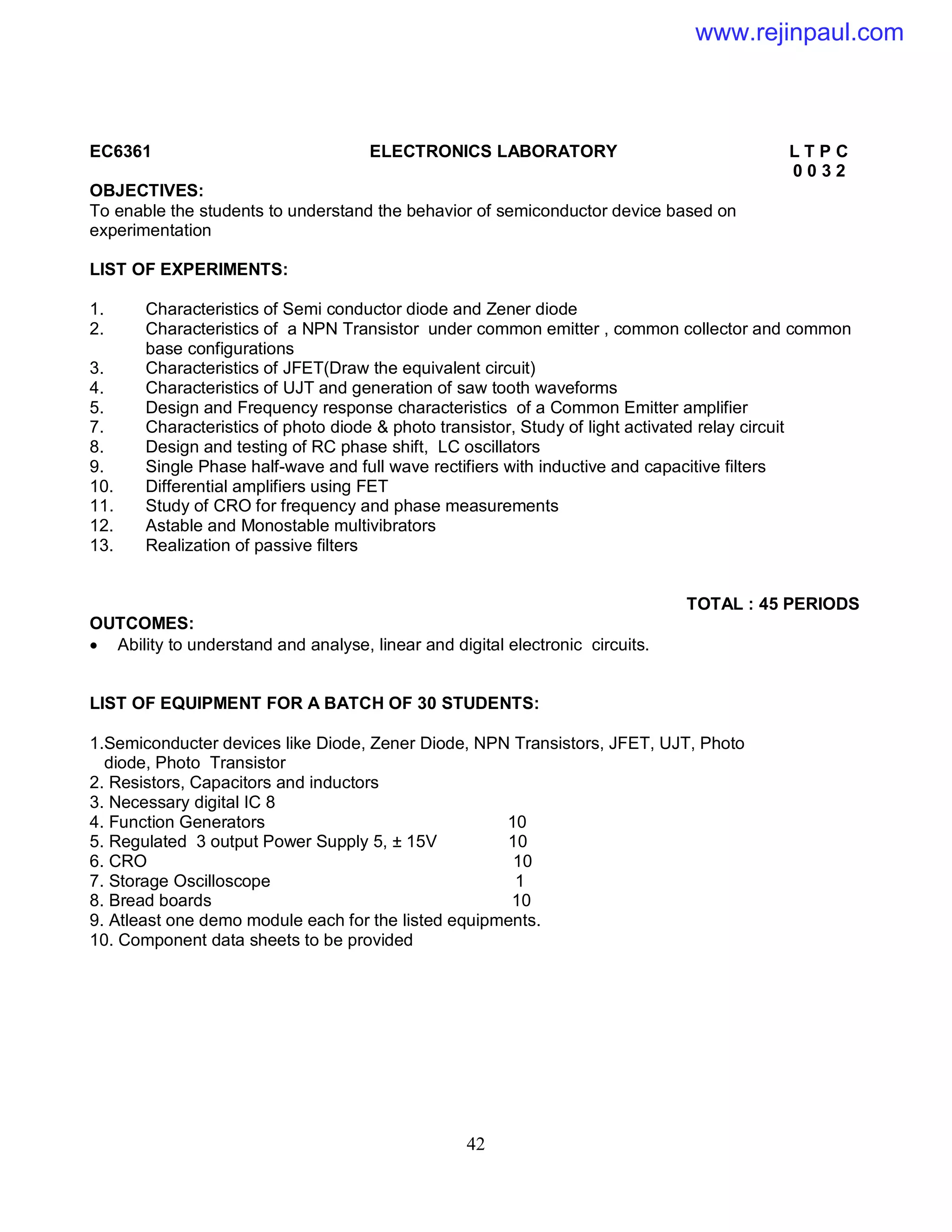 42
EC6361 ELECTRONICS LABORATORY L T P C
0 0 3 2
OBJECTIVES:
To enable the students to understand the behavior of semiconductor device based on
experimentation
LIST OF EXPERIMENTS:
1. Characteristics of Semi conductor diode and Zener diode
2. Characteristics of a NPN Transistor under common emitter , common collector and common
base configurations
3. Characteristics of JFET(Draw the equivalent circuit)
4. Characteristics of UJT and generation of saw tooth waveforms
5. Design and Frequency response characteristics of a Common Emitter amplifier
7. Characteristics of photo diode & photo transistor, Study of light activated relay circuit
8. Design and testing of RC phase shift, LC oscillators
9. Single Phase half-wave and full wave rectifiers with inductive and capacitive filters
10. Differential amplifiers using FET
11. Study of CRO for frequency and phase measurements
12. Astable and Monostable multivibrators
13. Realization of passive filters
TOTAL : 45 PERIODS
OUTCOMES:
 Ability to understand and analyse, linear and digital electronic circuits.
LIST OF EQUIPMENT FOR A BATCH OF 30 STUDENTS:
1.Semiconducter devices like Diode, Zener Diode, NPN Transistors, JFET, UJT, Photo
diode, Photo Transistor
2. Resistors, Capacitors and inductors
3. Necessary digital IC 8
4. Function Generators 10
5. Regulated 3 output Power Supply 5, ± 15V 10
6. CRO 10
7. Storage Oscilloscope 1
8. Bread boards 10
9. Atleast one demo module each for the listed equipments.
10. Component data sheets to be provided
www.rejinpaul.com
 