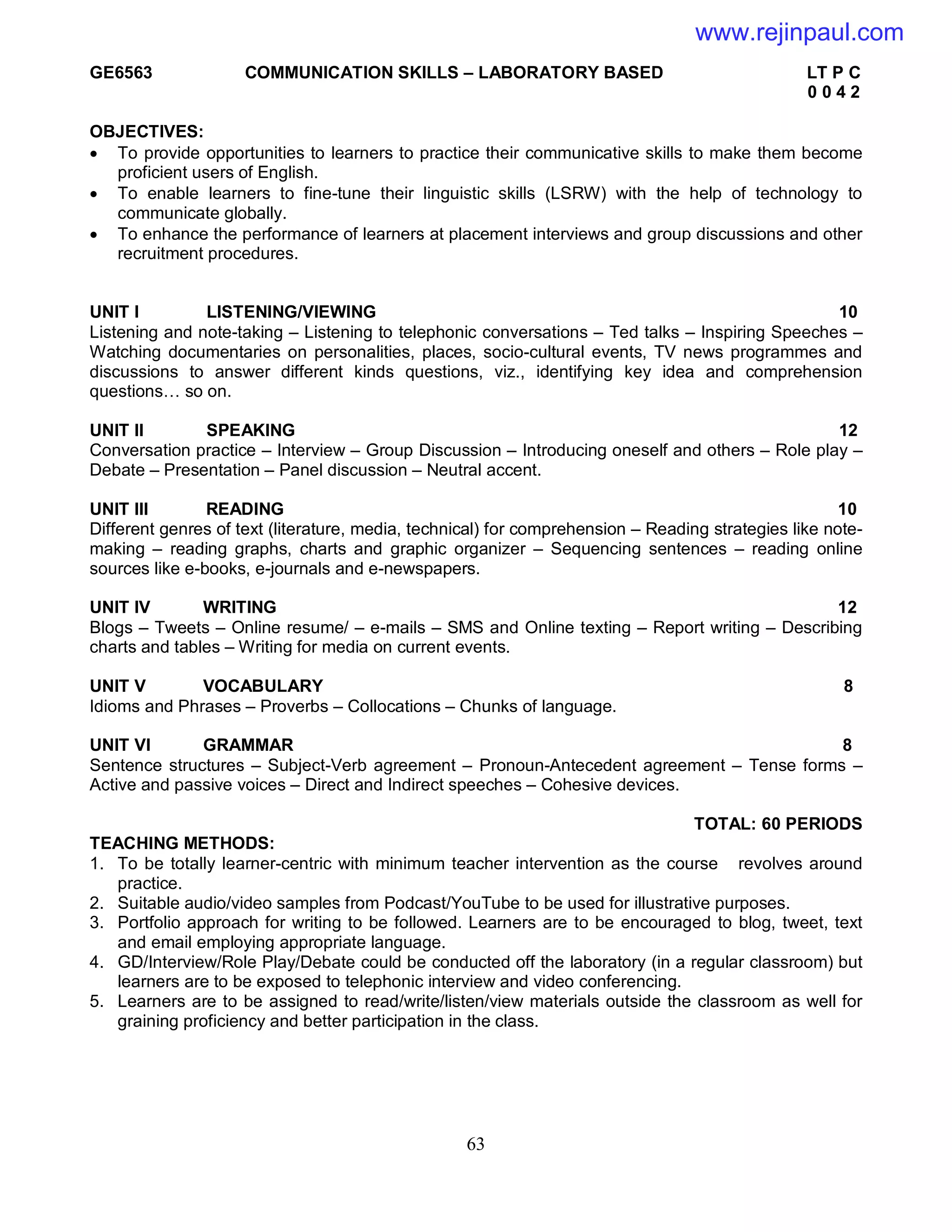 63
GE6563 COMMUNICATION SKILLS – LABORATORY BASED LT P C
0 0 4 2
OBJECTIVES:
 To provide opportunities to learners to practice their communicative skills to make them become
proficient users of English.
 To enable learners to fine-tune their linguistic skills (LSRW) with the help of technology to
communicate globally.
 To enhance the performance of learners at placement interviews and group discussions and other
recruitment procedures.
UNIT I LISTENING/VIEWING 10
Listening and note-taking – Listening to telephonic conversations – Ted talks – Inspiring Speeches –
Watching documentaries on personalities, places, socio-cultural events, TV news programmes and
discussions to answer different kinds questions, viz., identifying key idea and comprehension
questions… so on.
UNIT II SPEAKING 12
Conversation practice – Interview – Group Discussion – Introducing oneself and others – Role play –
Debate – Presentation – Panel discussion – Neutral accent.
UNIT III READING 10
Different genres of text (literature, media, technical) for comprehension – Reading strategies like note-
making – reading graphs, charts and graphic organizer – Sequencing sentences – reading online
sources like e-books, e-journals and e-newspapers.
UNIT IV WRITING 12
Blogs – Tweets – Online resume/ – e-mails – SMS and Online texting – Report writing – Describing
charts and tables – Writing for media on current events.
UNIT V VOCABULARY 8
Idioms and Phrases – Proverbs – Collocations – Chunks of language.
UNIT VI GRAMMAR 8
Sentence structures – Subject-Verb agreement – Pronoun-Antecedent agreement – Tense forms –
Active and passive voices – Direct and Indirect speeches – Cohesive devices.
TOTAL: 60 PERIODS
TEACHING METHODS:
1. To be totally learner-centric with minimum teacher intervention as the course revolves around
practice.
2. Suitable audio/video samples from Podcast/YouTube to be used for illustrative purposes.
3. Portfolio approach for writing to be followed. Learners are to be encouraged to blog, tweet, text
and email employing appropriate language.
4. GD/Interview/Role Play/Debate could be conducted off the laboratory (in a regular classroom) but
learners are to be exposed to telephonic interview and video conferencing.
5. Learners are to be assigned to read/write/listen/view materials outside the classroom as well for
graining proficiency and better participation in the class.
www.rejinpaul.com
 