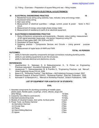 18
(c) Fitting – Exercises – Preparation of square fitting and vee – fitting models.
GROUP B (ELECTRICAL & ELECTRONICS)
III ELECTRICAL ENGINEERING PRACTICE 10
1. Residential house wiring using switches, fuse, indicator, lamp and energy meter.
2. Fluorescent lamp wiring.
3. Stair case wiring
4. Measurement of electrical quantities – voltage, current, power & power factor in RLC
circuit.
5. Measurement of energy using single phase energy meter.
6. Measurement of resistance to earth of an electrical equipment.
IV ELECTRONICS ENGINEERING PRACTICE 13
1. Study of Electronic components and equipments – Resistor, colour coding measurement
of AC signal parameter (peak-peak, rms period, frequency) using CR.
2. Study of logic gates AND, OR, EOR and NOT.
3. Generation of Clock Signal.
4. Soldering practice – Components Devices and Circuits – Using general purpose
PCB.
5. Measurement of ripple factor of HWR and FWR.
TOTAL: 45 PERIODS
OUTCOMES:
 ability to fabricate carpentry components and pipe connections including plumbing works.
 ability to use welding equipments to join the structures.
 ability to fabricate electrical and electronics circuits.
REFERENCES:
1. Jeyachandran K., Natarajan S. & Balasubramanian S., “A Primer on Engineering
Practices Laboratory”, Anuradha Publications, 2007.
2. Jeyapoovan T., Saravanapandian M. & Pranitha S., “Engineering Practices Lab Manual”,
Vikas Puplishing House Pvt.Ltd, 2006.
3. Bawa H.S., “Workshop Practice”, Tata McGraw – Hill Publishing Company Limited, 2007.
4. Rajendra Prasad A. & Sarma P.M.M.S., “Workshop Practice”, Sree Sai Publication, 2002.
5. Kannaiah P. & Narayana K.L., “Manual on Workshop Practice”, Scitech Publications, 1999.
LIST OF EQUIPMENT FOR A BATCH OF 30 STUDENTS:
CIVIL
1. Assorted components for plumbing consisting of metallic pipes,
plastic pipes, flexible pipes, couplings, unions, elbows, plugs and
other fittings. 15 Sets.
2. Carpentry vice (fitted to work bench) 15 Nos.
3. Standard woodworking tools 15 Sets.
4. Models of industrial trusses, door joints, furniture joints 5 each
5. Power Tools: (a) Rotary Hammer 2 Nos
(b) Demolition Hammer 2 Nos
(c) Circular Saw 2 Nos
(d) Planer 2 Nos
(e) Hand Drilling Machine 2 Nos
(f) Jigsaw 2 Nos
www.rejinpaul.com
 